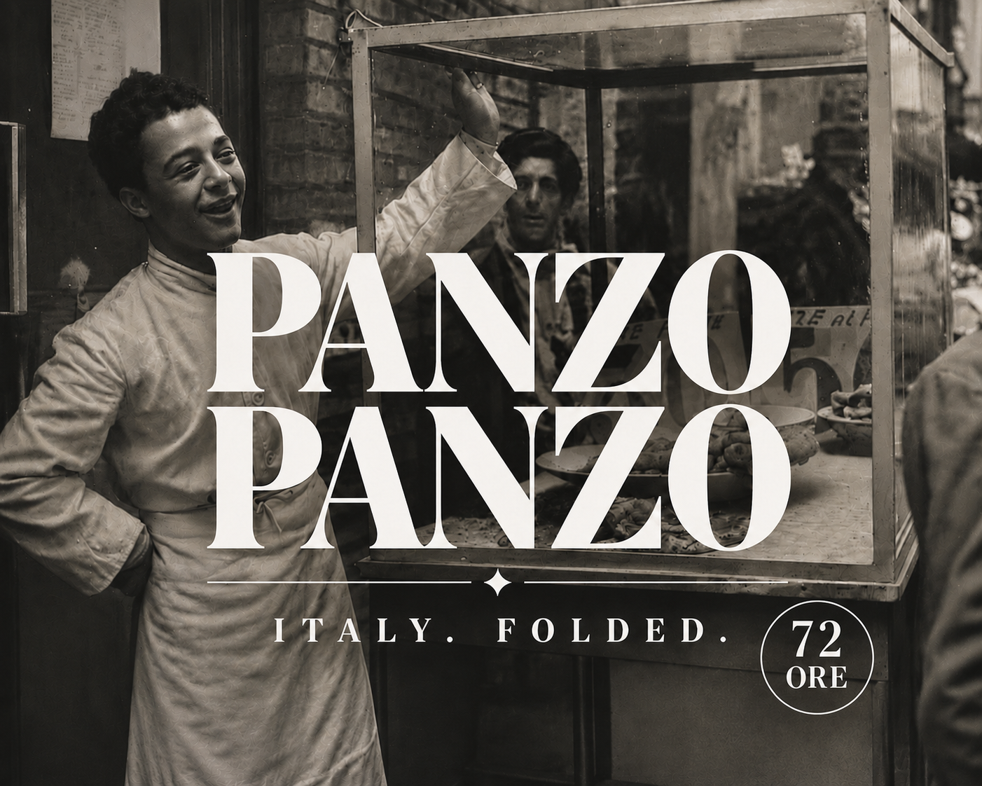 A historic Italian street food vendor with Panzo Panzo typography and a circular 72 Ore badge